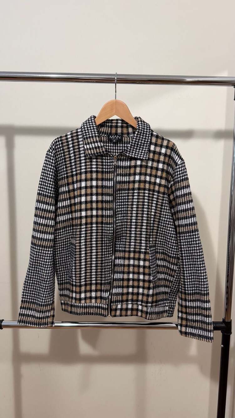 boohooMAN Plaid Check Zip-Up Bomber Jacket